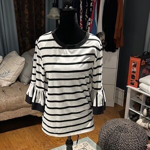 Kobi Halperin Black and White Striped Ruffle Sleeve Blouse
